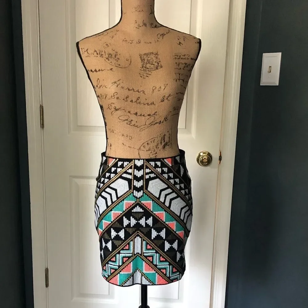 Express multi color tribal pattern sequined mini skirt